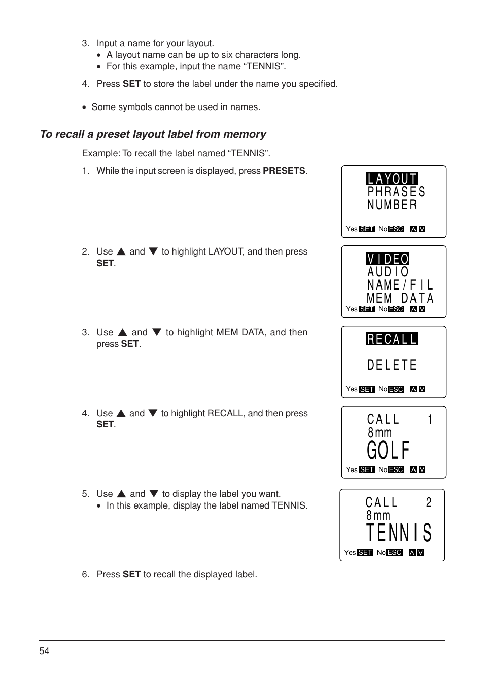 Golf, Tennis, Layout phrases number | Video audio name/fil mem data, Recall delete, Call 1 8mm, Call 2 8mm | Casio KL-7000 User Manual | Page 55 / 81
