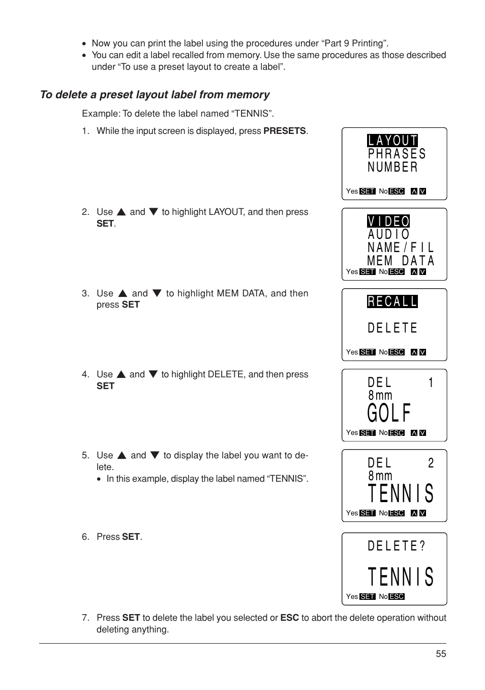 Golf, Tennis, Layout phrases number | Video audio name/fil mem data, Recall delete, Del 1 8mm, Del 2 8mm, Delete | Casio KL-7000 User Manual | Page 56 / 81
