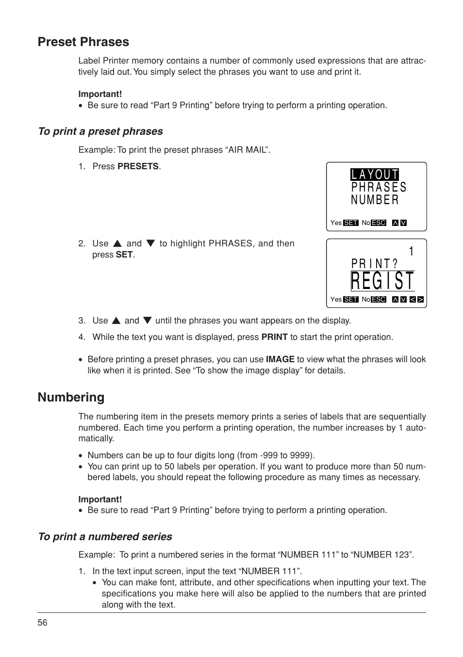 Regist, Layout phrases number, 1print | Preset phrases, Numbering | Casio KL-7000 User Manual | Page 57 / 81