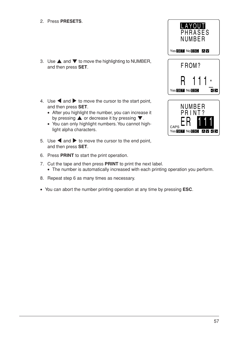 R 111, Er 111, Layout phrases number | From, Number print | Casio KL-7000 User Manual | Page 58 / 81