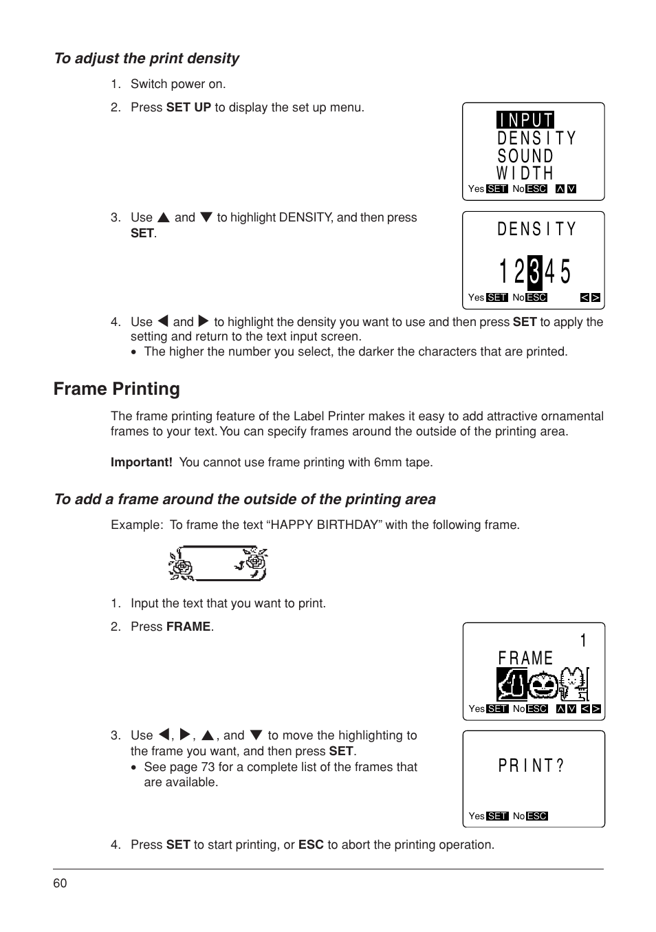 Density, Input density sound width, 1frame | Print, Frame printing | Casio KL-7000 User Manual | Page 61 / 81