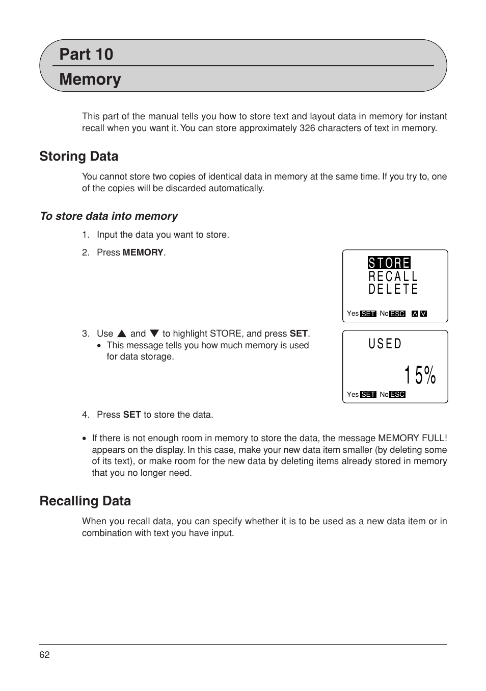 Store recall delete, Used, Storing data | Recalling data | Casio KL-7000 User Manual | Page 63 / 81