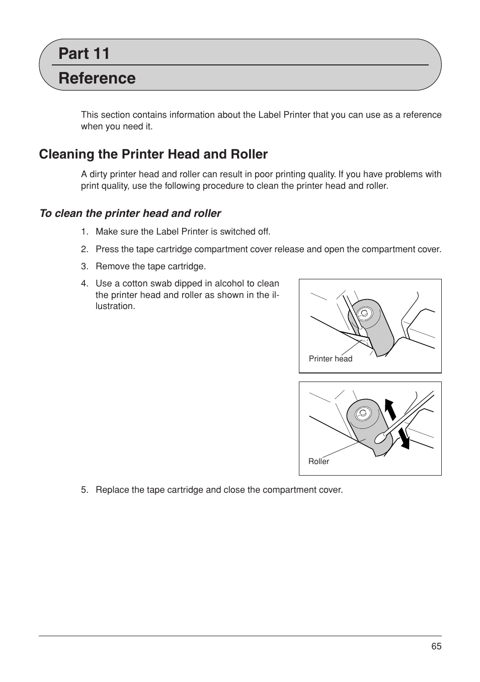 Part 11 reference, Cleaning the printer head and roller | Casio KL-7000 User Manual | Page 66 / 81
