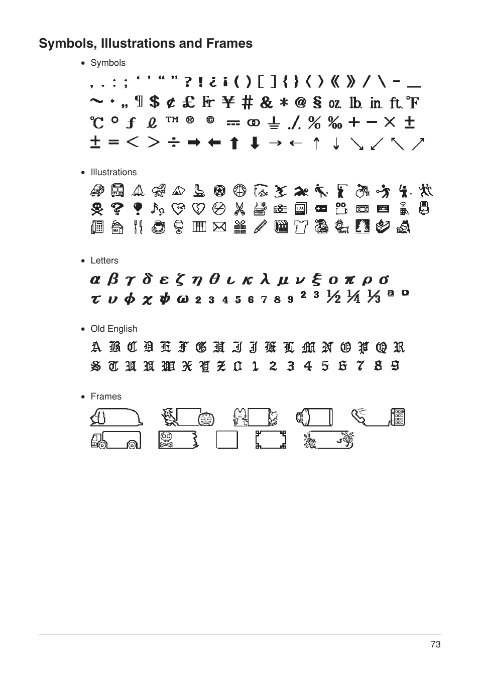 Symbols, illustrations and frames | Casio KL-7000 User Manual | Page 74 / 81