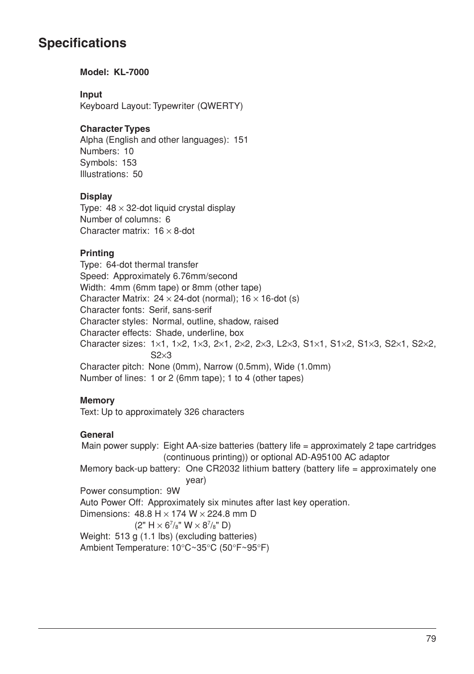 Specifications | Casio KL-7000 User Manual | Page 80 / 81