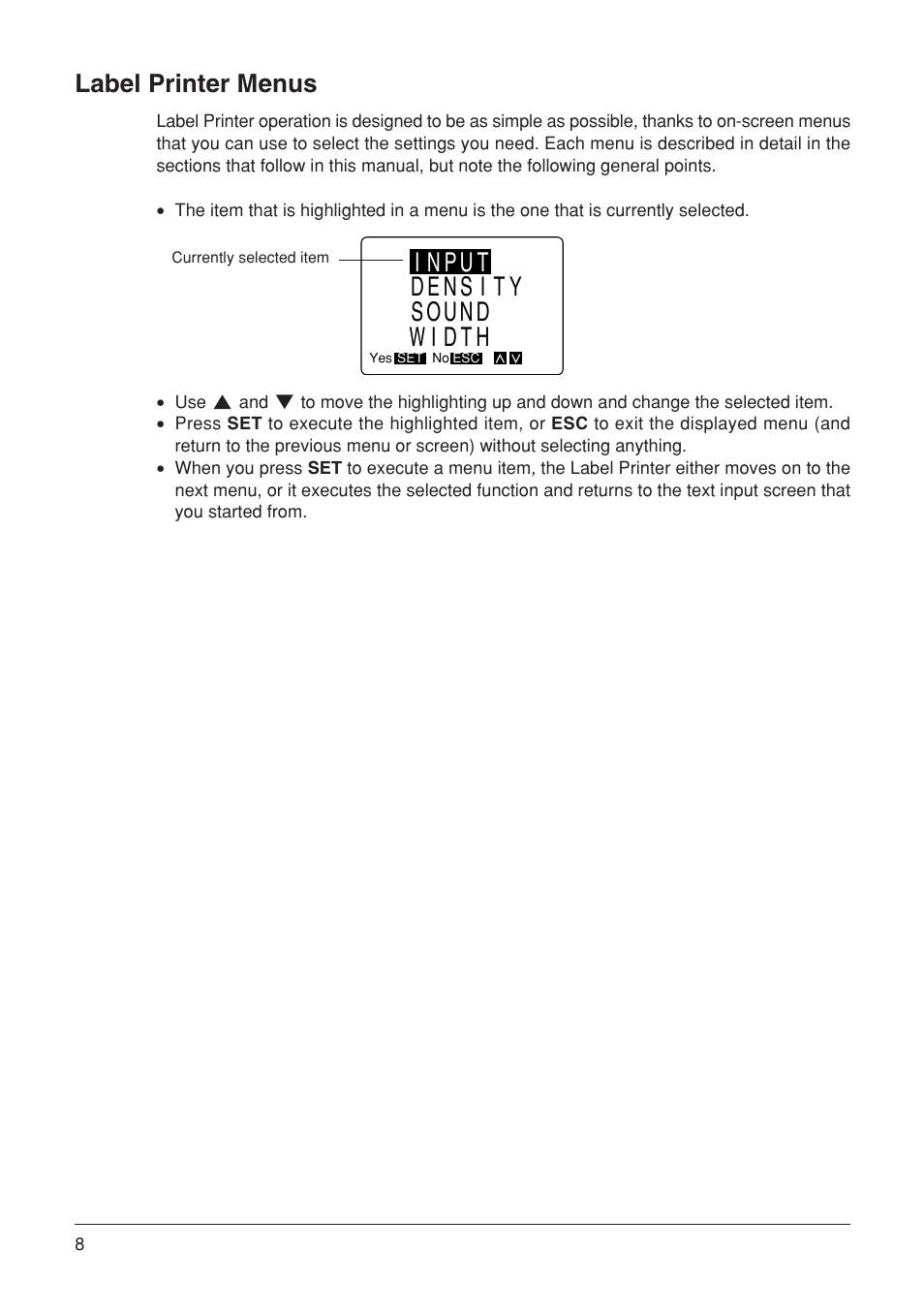 Input density sound width, Label printer menus | Casio KL-7000 User Manual | Page 9 / 81