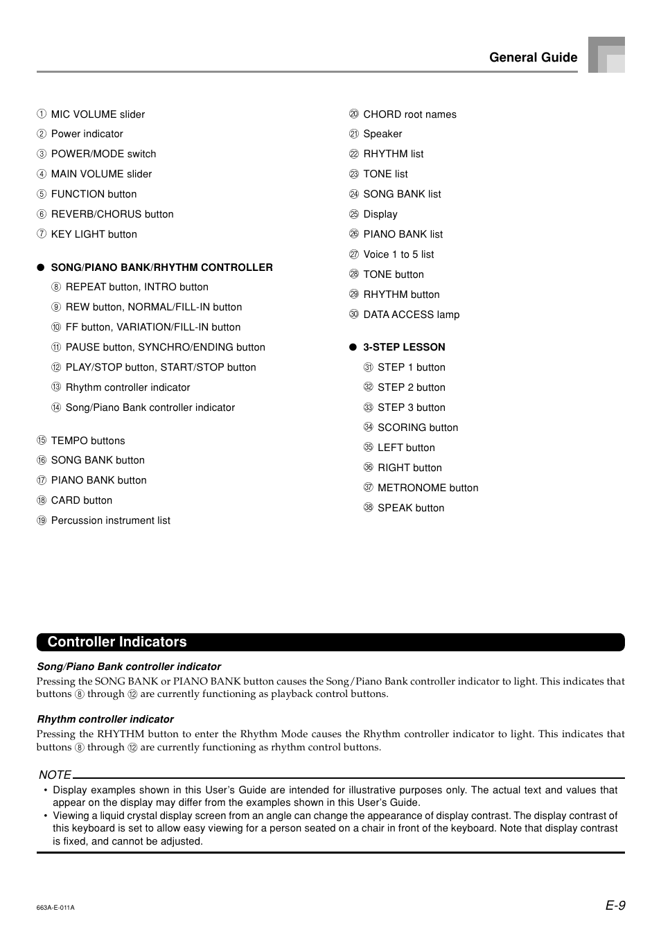 Controller indicators, E-9 general guide | Casio LK200ES1A User Manual | Page 11 / 58