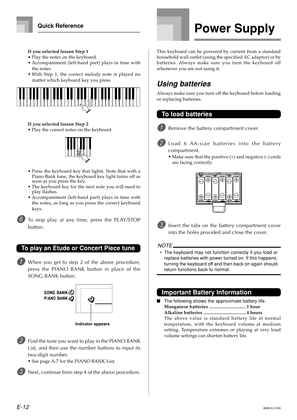 Power supply, Using batteries | Casio LK200ES1A User Manual | Page 14 / 58