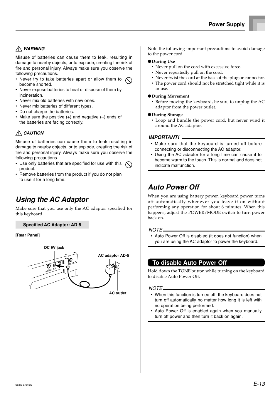Using the ac adaptor, Auto power off | Casio LK200ES1A User Manual | Page 15 / 58