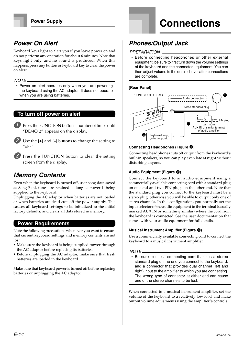 Connections, Power on alert, Phones/output jack | Power requirements | Casio LK200ES1A User Manual | Page 16 / 58