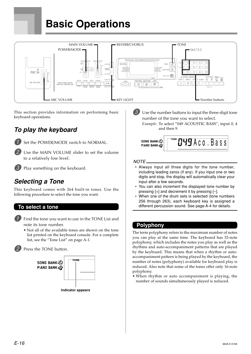 Basic operations, A c o . b s a s, Selecting a tone | Casio LK200ES1A User Manual | Page 18 / 58