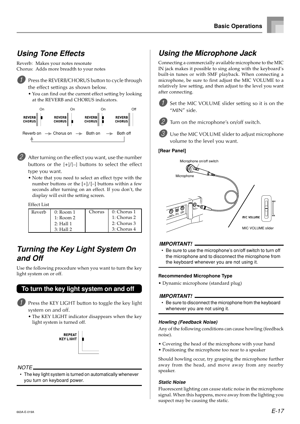 Using tone effects, Turning the key light system on and off, Using the microphone jack | Casio LK200ES1A User Manual | Page 19 / 58