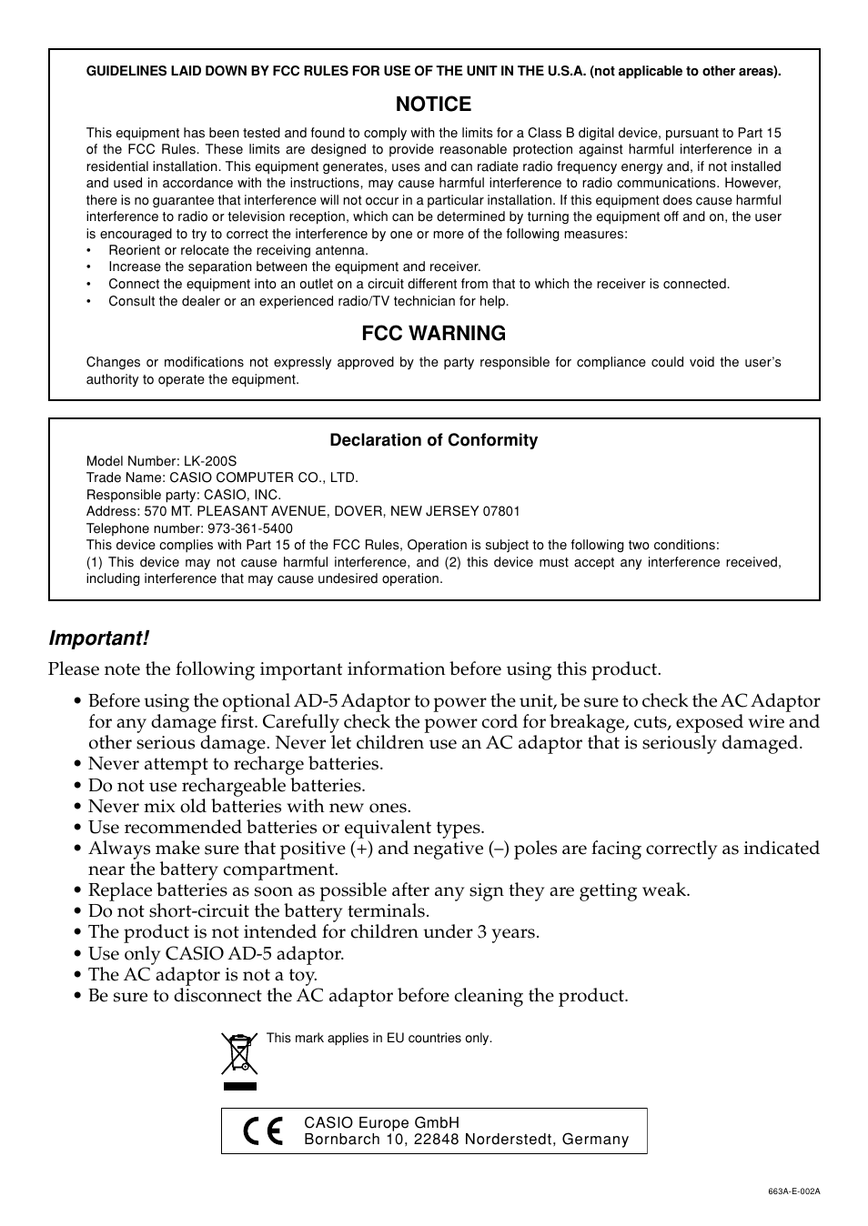 Notice, Fcc warning, Important | Casio LK200ES1A User Manual | Page 2 / 58