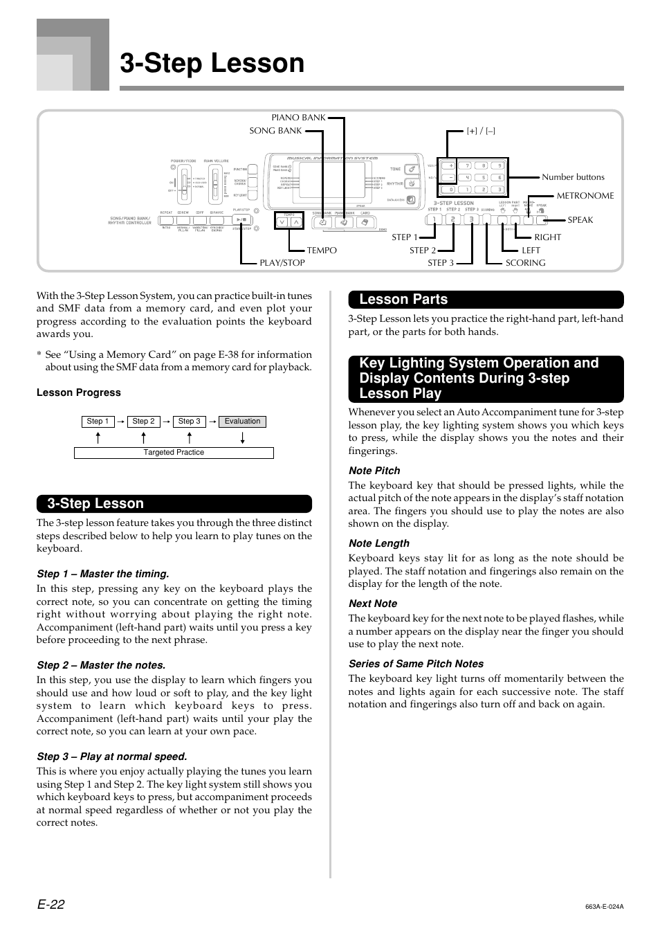 Lesson parts, Step lesson, E-22 | Casio LK200ES1A User Manual | Page 24 / 58