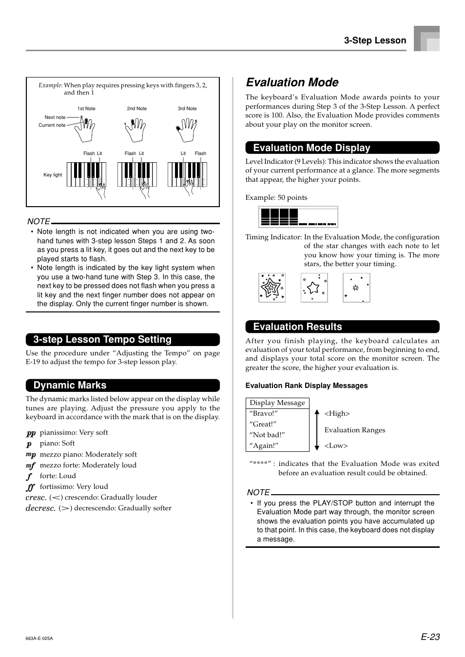 Evaluation mode, Step lesson tempo setting, Dynamic marks | Evaluation mode display, Evaluation results, E-23 3-step lesson | Casio LK200ES1A User Manual | Page 25 / 58