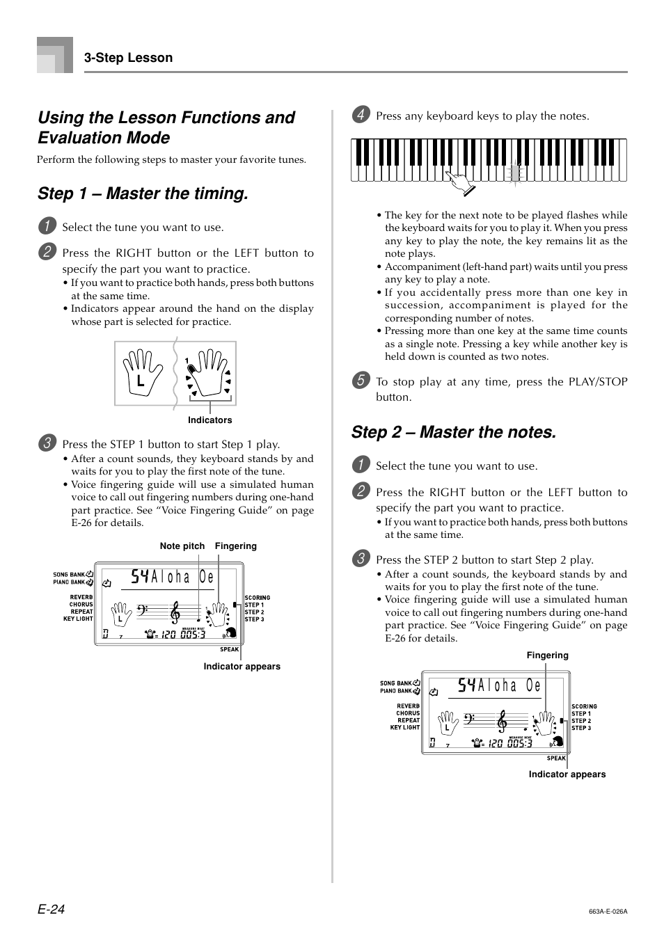 Using the lesson functions and evaluation mode, Step 1 – master the timing | Casio LK200ES1A User Manual | Page 26 / 58