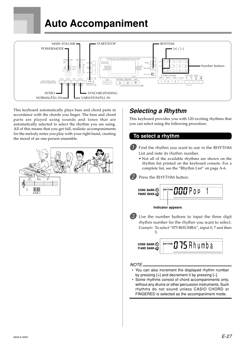 Auto accompaniment, Selecting a rhythm | Casio LK200ES1A User Manual | Page 29 / 58