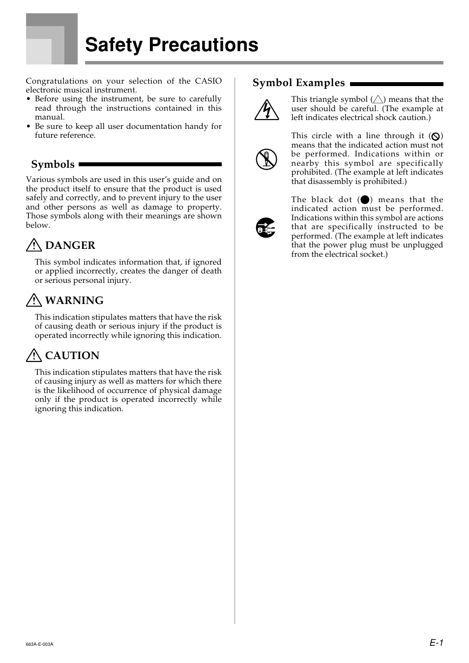 Safety precautions, Symbols, Danger | Warning, Caution, Symbol examples | Casio LK200ES1A User Manual | Page 3 / 58