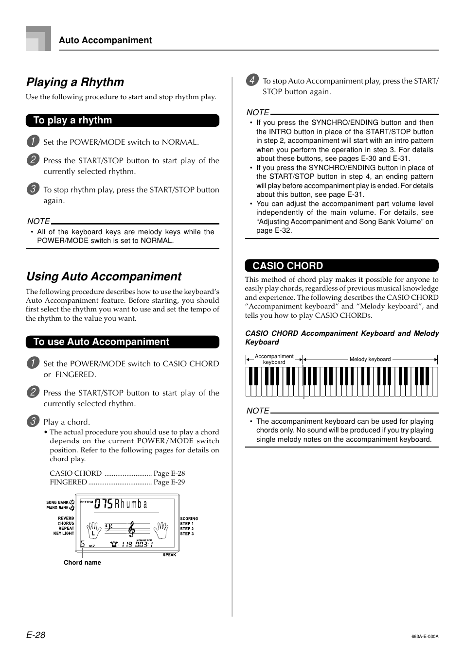 Playing a rhythm, Using auto accompaniment | Casio LK200ES1A User Manual | Page 30 / 58