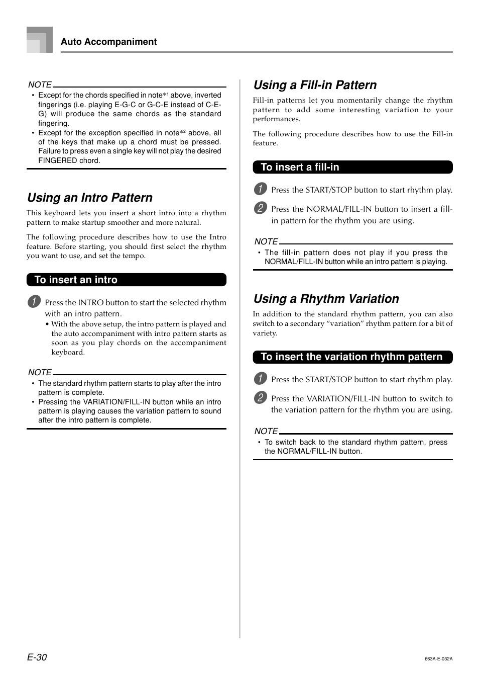 Using an intro pattern, Using a fill-in pattern, Using a rhythm variation | Casio LK200ES1A User Manual | Page 32 / 58