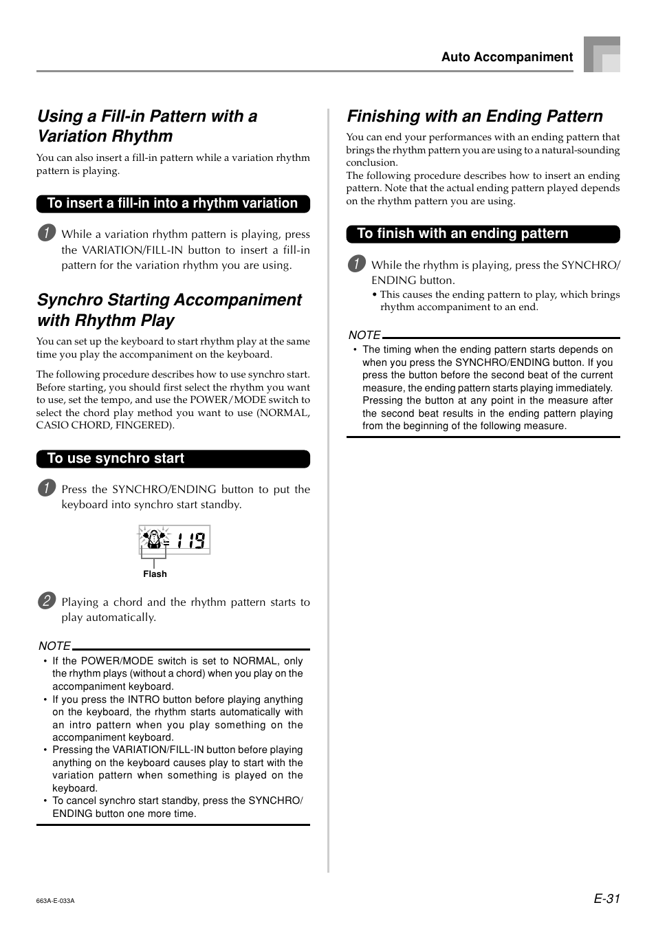 Using a fill-in pattern with a variation rhythm, Synchro starting accompaniment with rhythm play, Finishing with an ending pattern | Casio LK200ES1A User Manual | Page 33 / 58