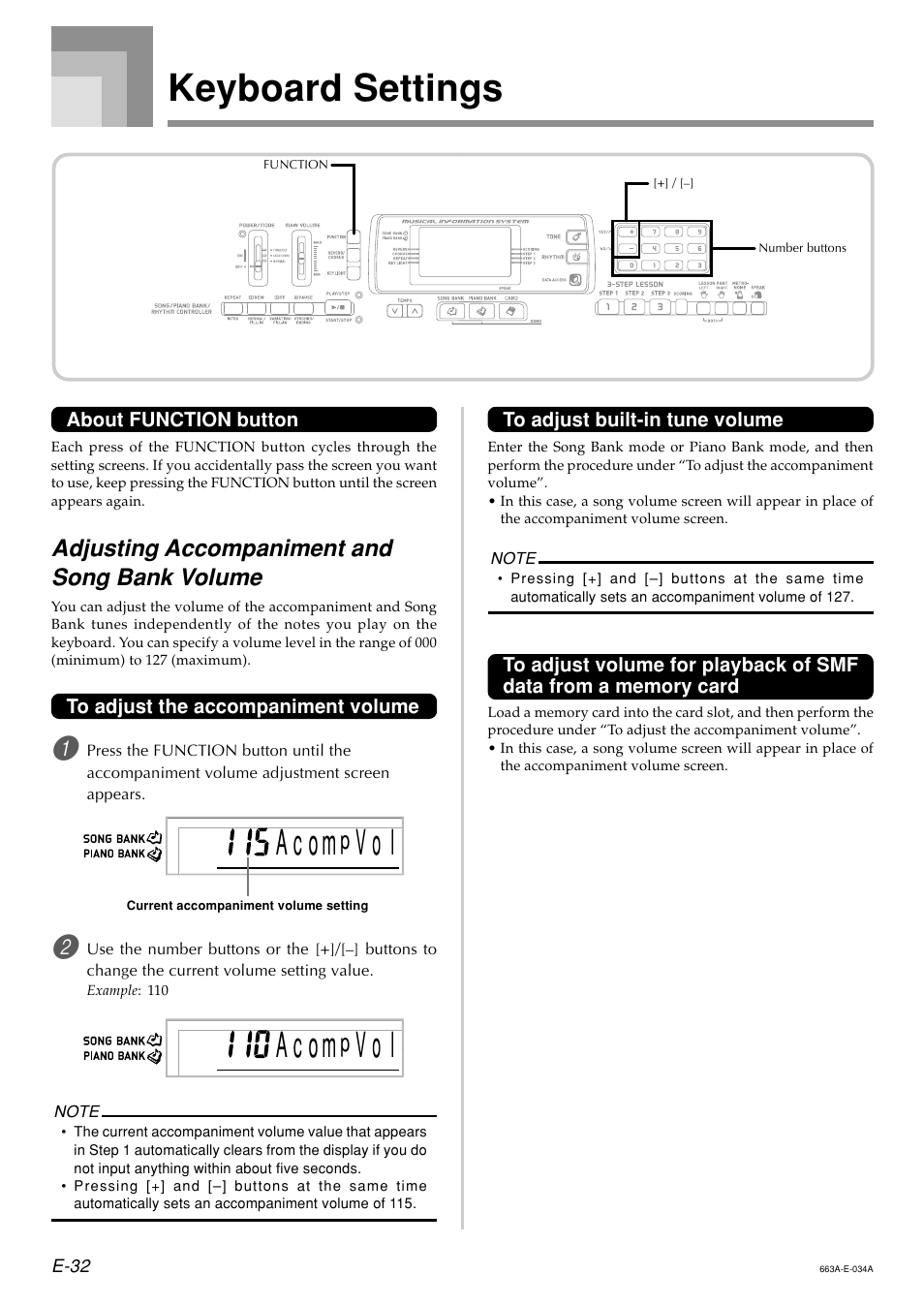 Keyboard settings, A c o m, Ov l | Adjusting accompaniment and song bank volume | Casio LK200ES1A User Manual | Page 34 / 58