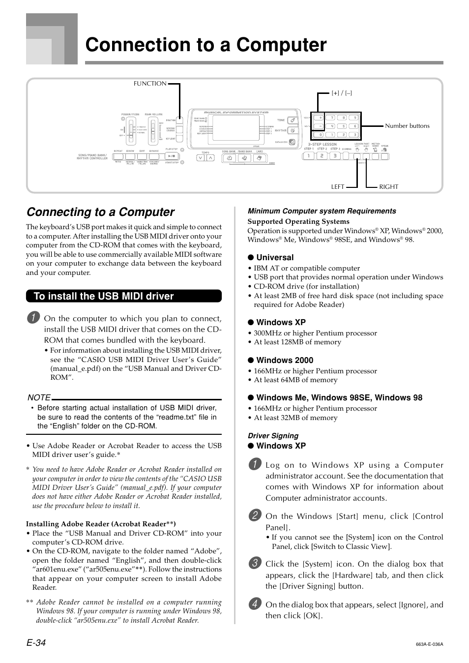 Connection to a computer, Connecting to a computer | Casio LK200ES1A User Manual | Page 36 / 58