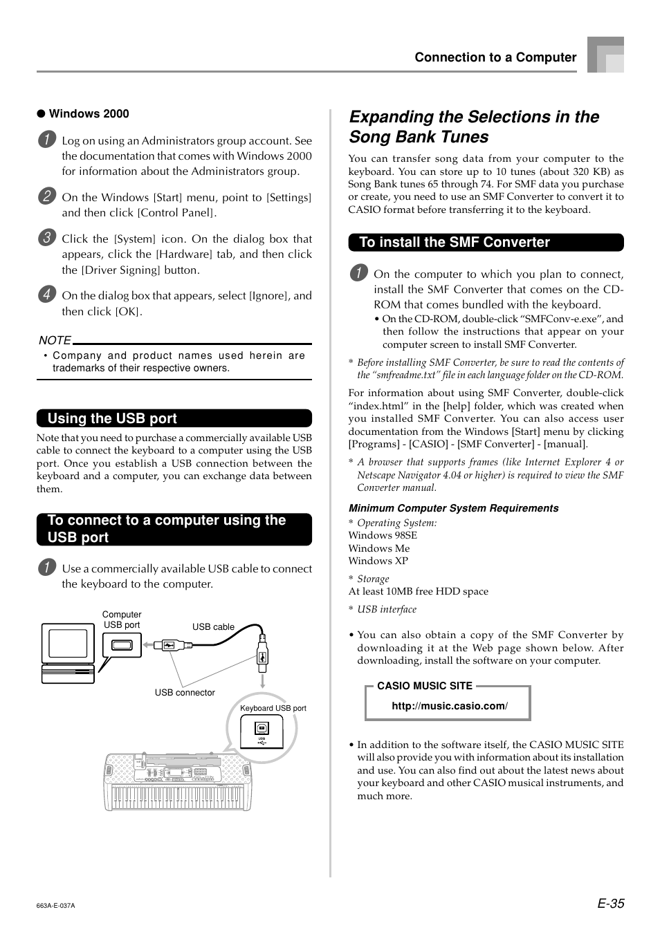 Expanding the selections in the song bank tunes, Using the usb port | Casio LK200ES1A User Manual | Page 37 / 58