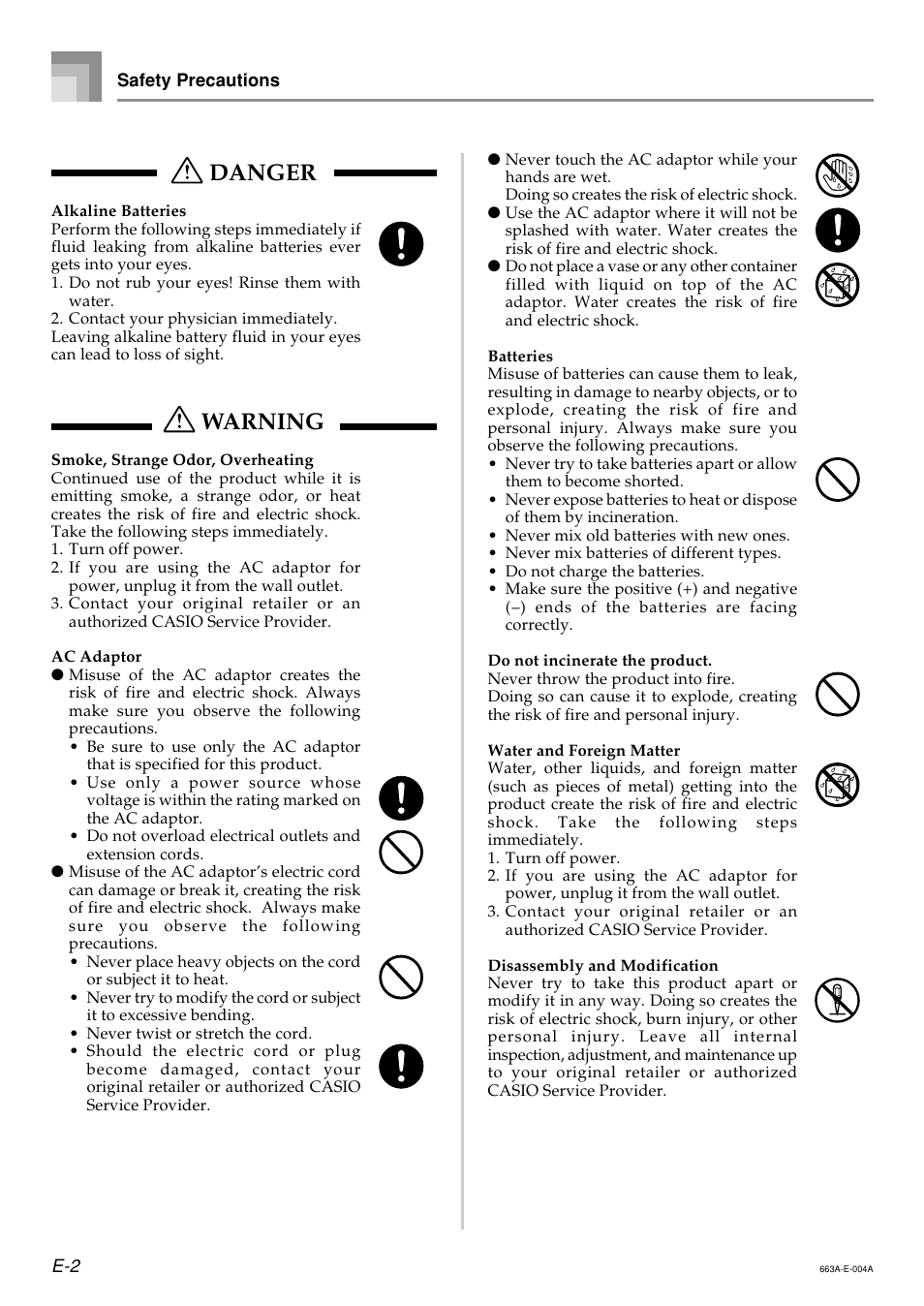 Danger, Warning | Casio LK200ES1A User Manual | Page 4 / 58