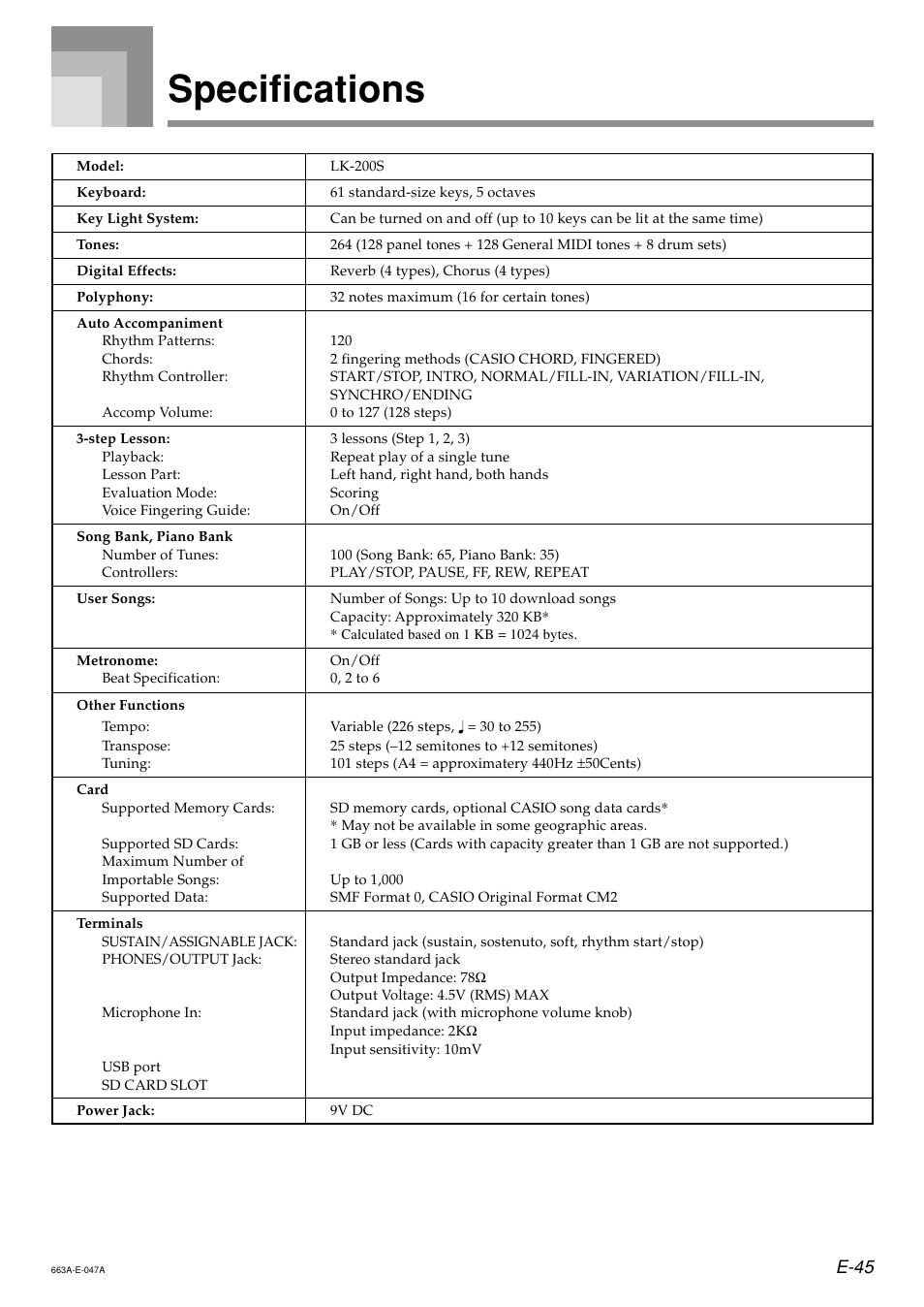 Specifications, E-45 | Casio LK200ES1A User Manual | Page 47 / 58