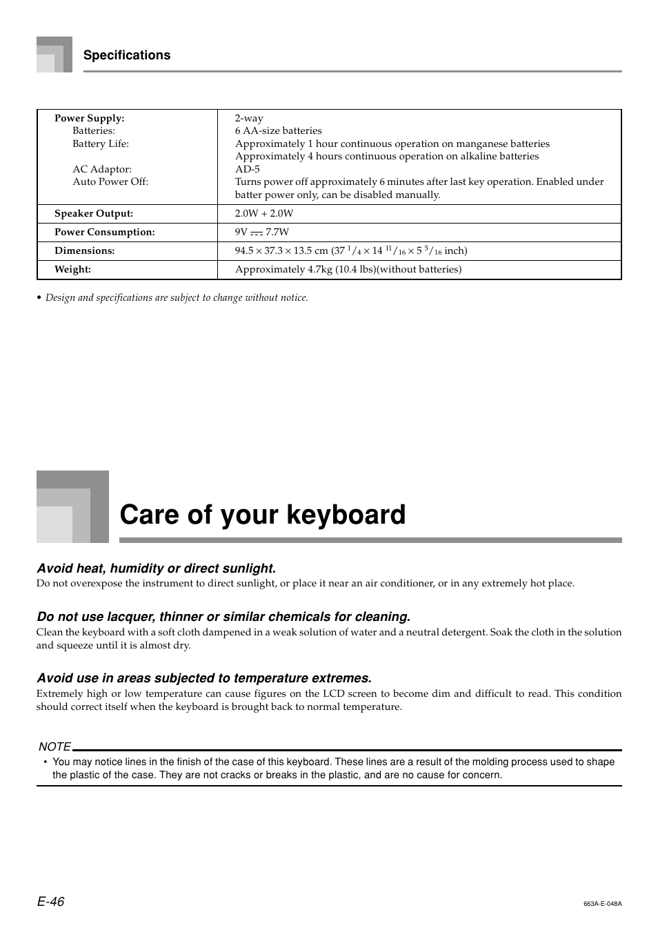 Care of your keyboard, E-46 specifications, Avoid heat, humidity or direct sunlight | Casio LK200ES1A User Manual | Page 48 / 58