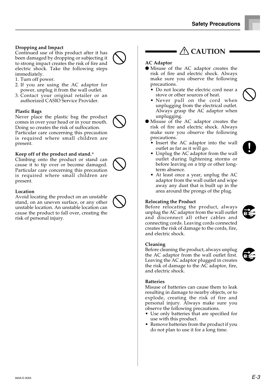 Caution | Casio LK200ES1A User Manual | Page 5 / 58