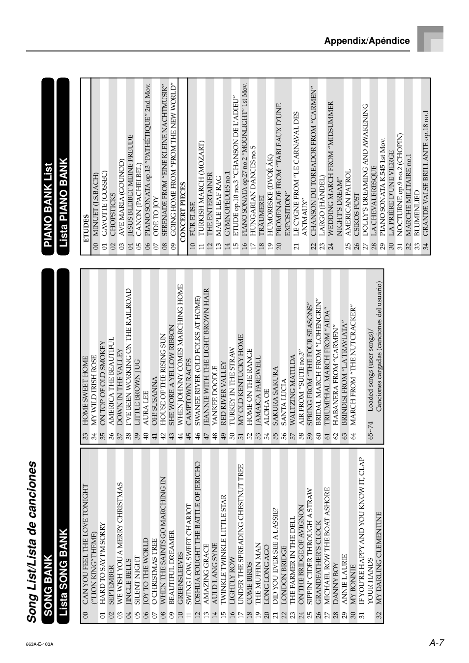 Song list/lista de canciones, Appendix/apéndice | Casio LK200ES1A User Manual | Page 55 / 58