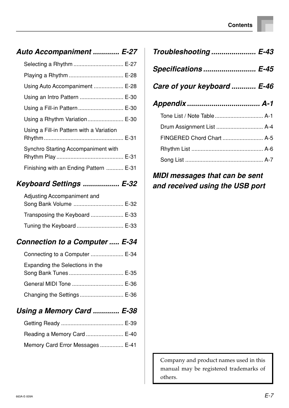 Auto accompaniment ............. e-27, Keyboard settings .................. e-32, Connection to a computer ..... e-34 | Casio LK200ES1A User Manual | Page 9 / 58