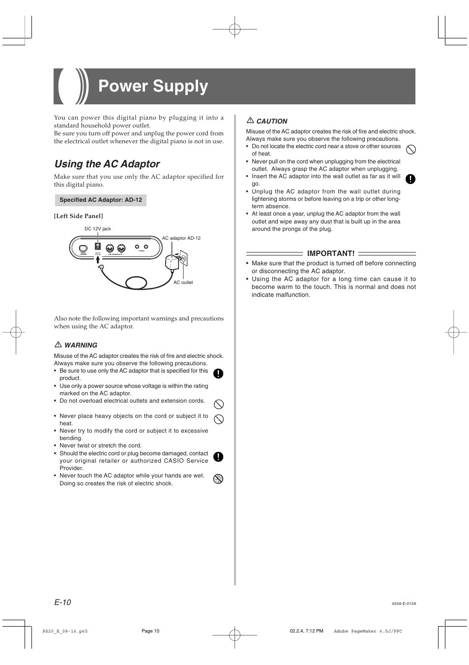 Power supply, Using the ac adaptor, E-10 | Casio PS-20 User Manual | Page 12 / 40