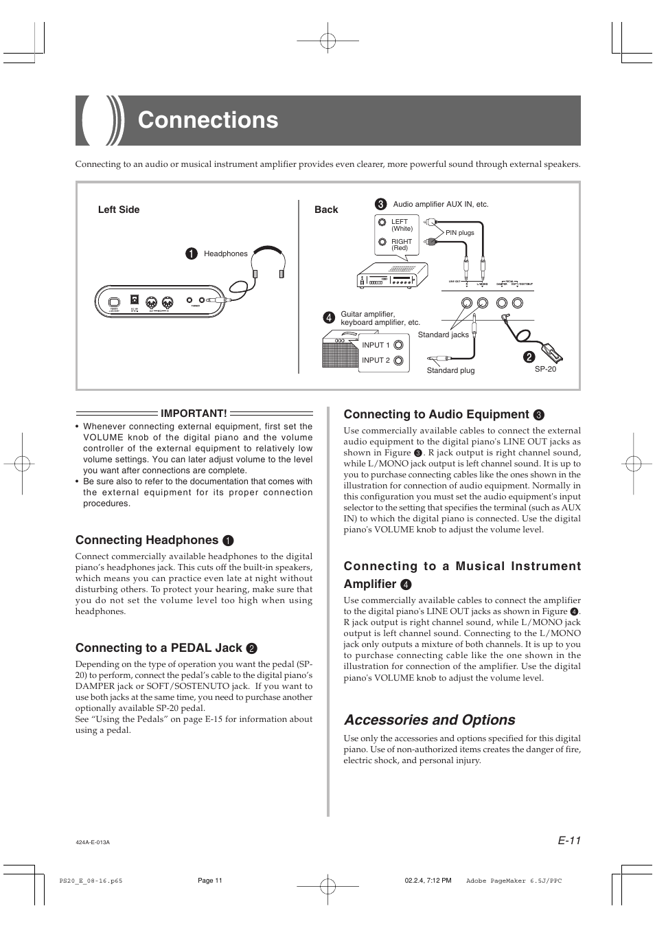 Connections, Accessories and options, Connecting headphones 1 | Connecting to a pedal jack 2, Connecting to audio equipment 3, Connecting to a musical instrument amplifier 4 | Casio PS-20 User Manual | Page 13 / 40