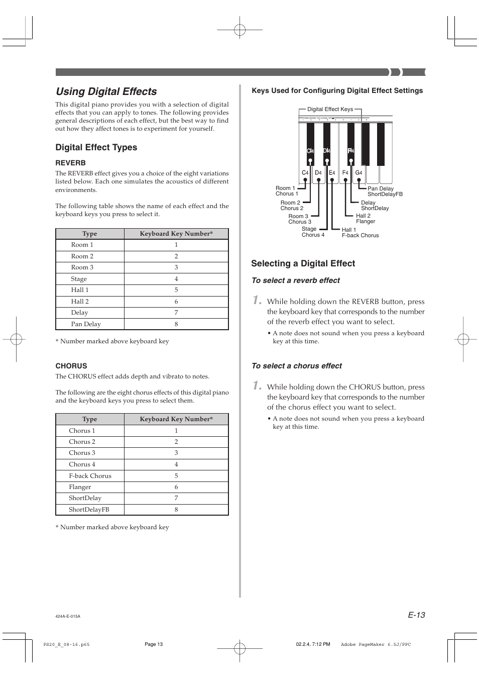 Using digital effects, Digital effect types, Selecting a digital effect | Casio PS-20 User Manual | Page 15 / 40