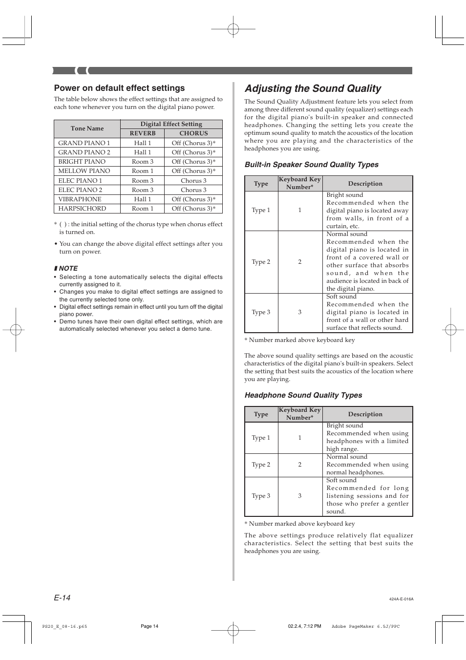 Adjusting the sound quality, Power on default effect settings, E-14 | Casio PS-20 User Manual | Page 16 / 40