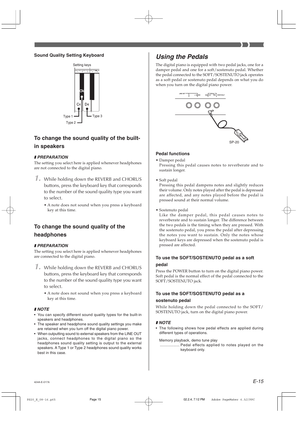 Using the pedals | Casio PS-20 User Manual | Page 17 / 40