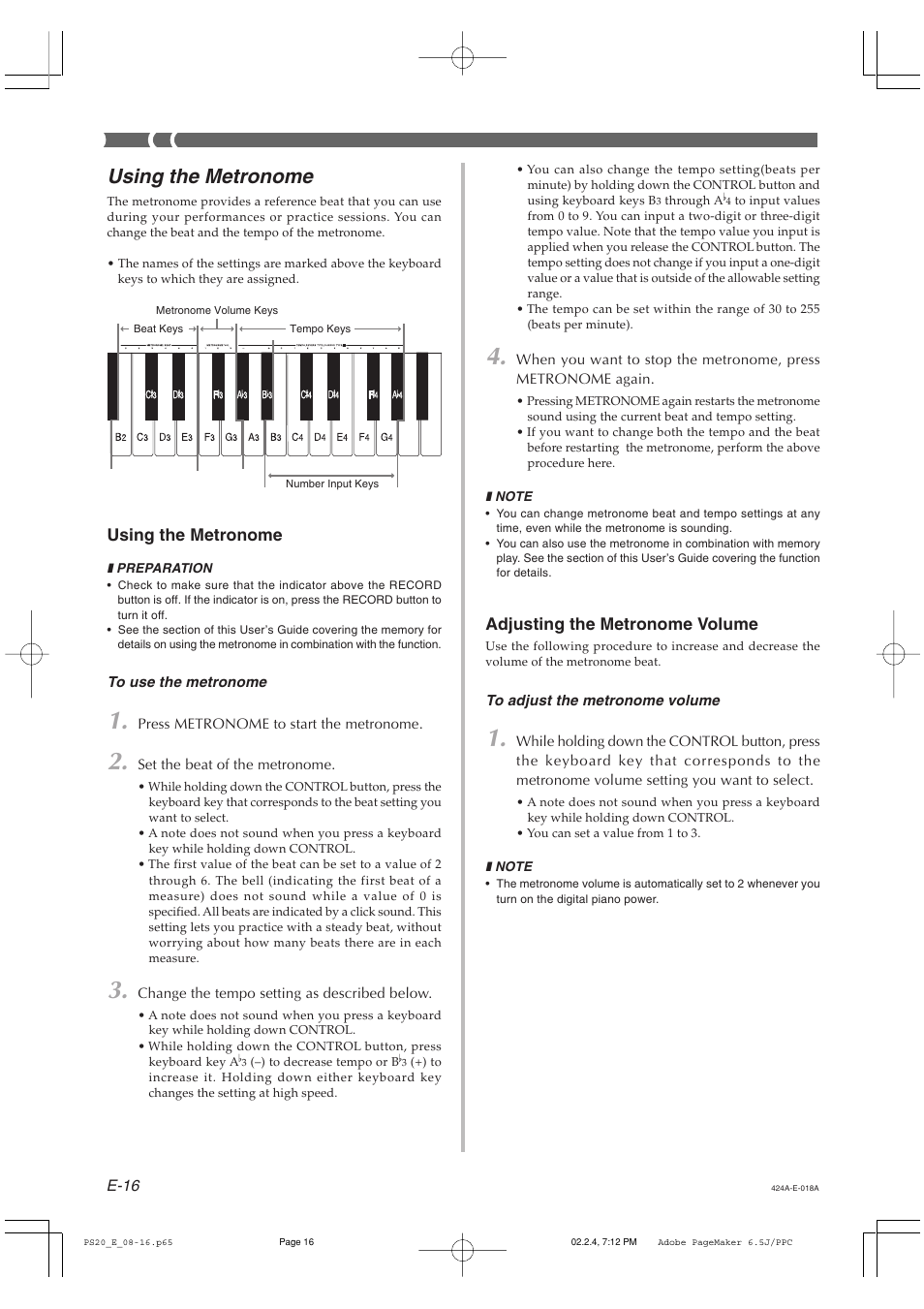 Using the metronome, Adjusting the metronome volume | Casio PS-20 User Manual | Page 18 / 40