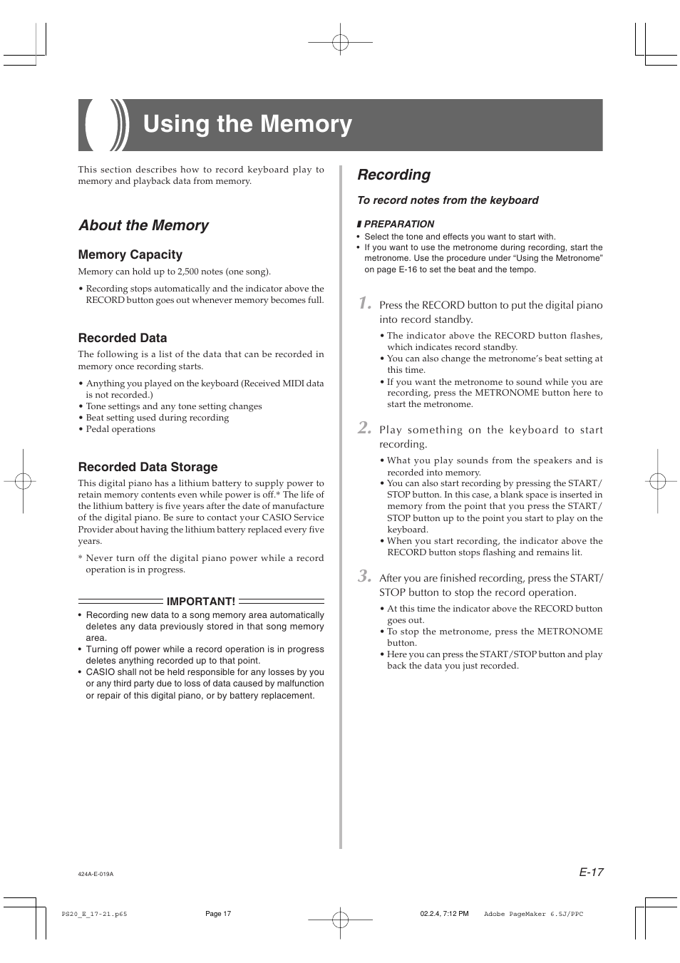 Recording | Casio PS-20 User Manual | Page 19 / 40