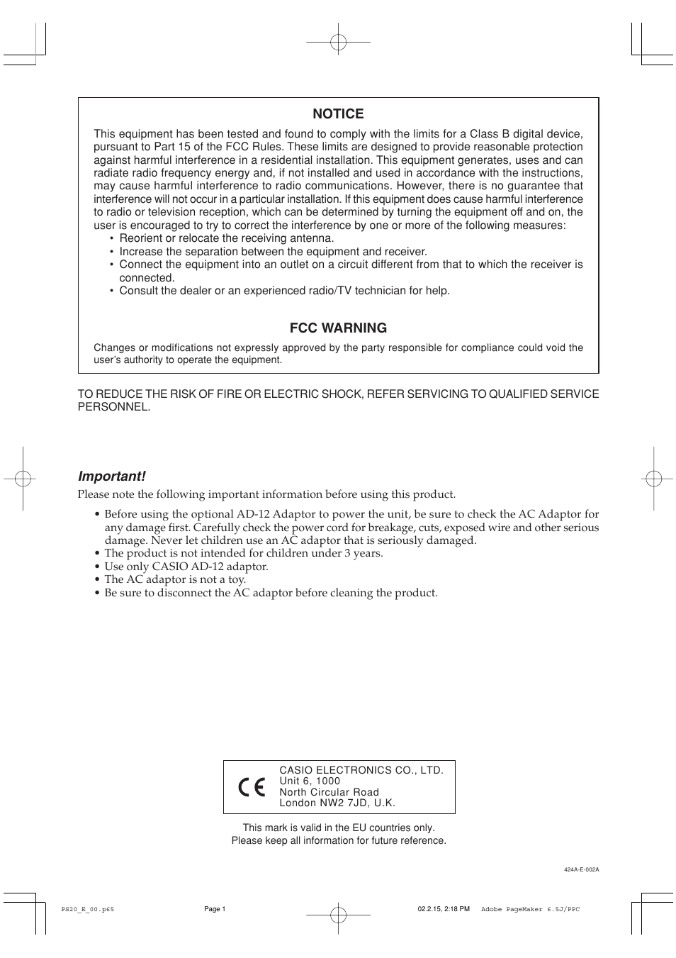 Notice, Fcc warning, Important | Casio PS-20 User Manual | Page 2 / 40