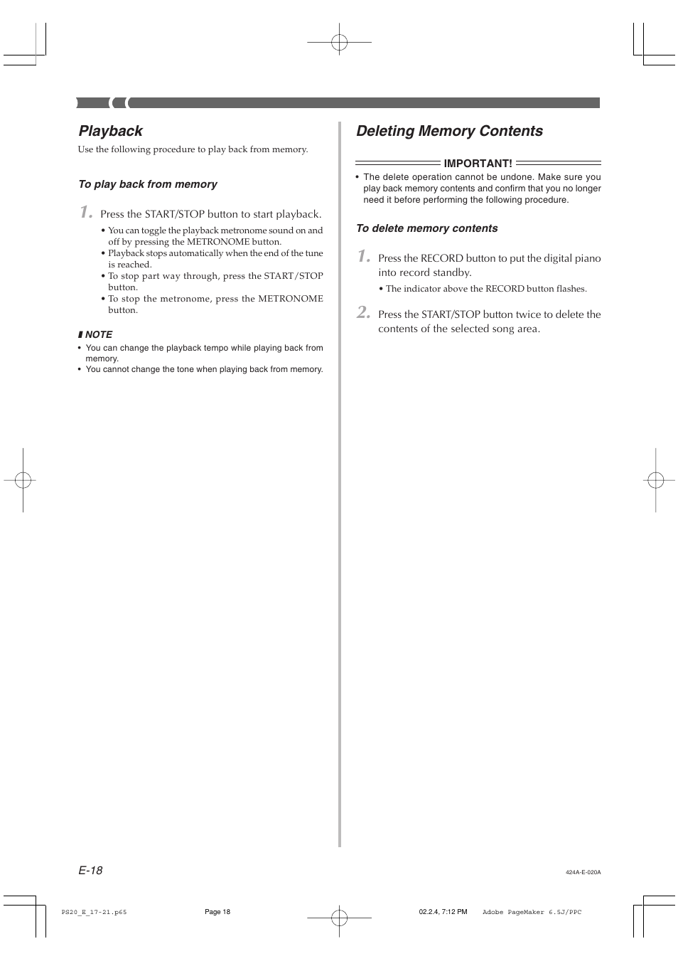 Playback | Casio PS-20 User Manual | Page 20 / 40