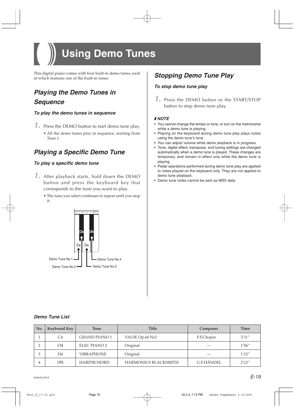 Using demo tunes, Playing the demo tunes in sequence, Playing a specific demo tune | Stopping demo tune play | Casio PS-20 User Manual | Page 21 / 40