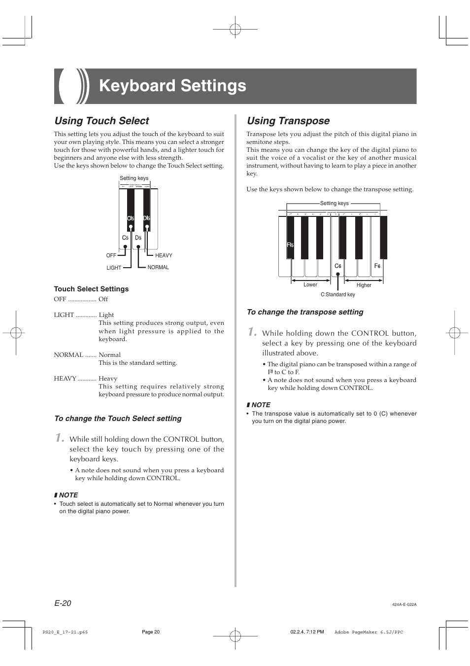 Keyboard settings, Using transpose, Using touch select | Casio PS-20 User Manual | Page 22 / 40