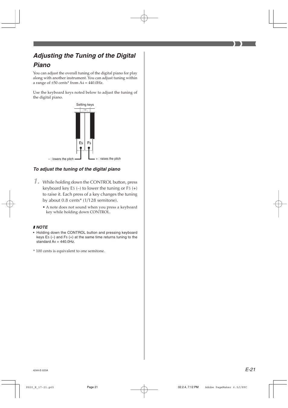 Adjusting the tuning of the digital piano | Casio PS-20 User Manual | Page 23 / 40