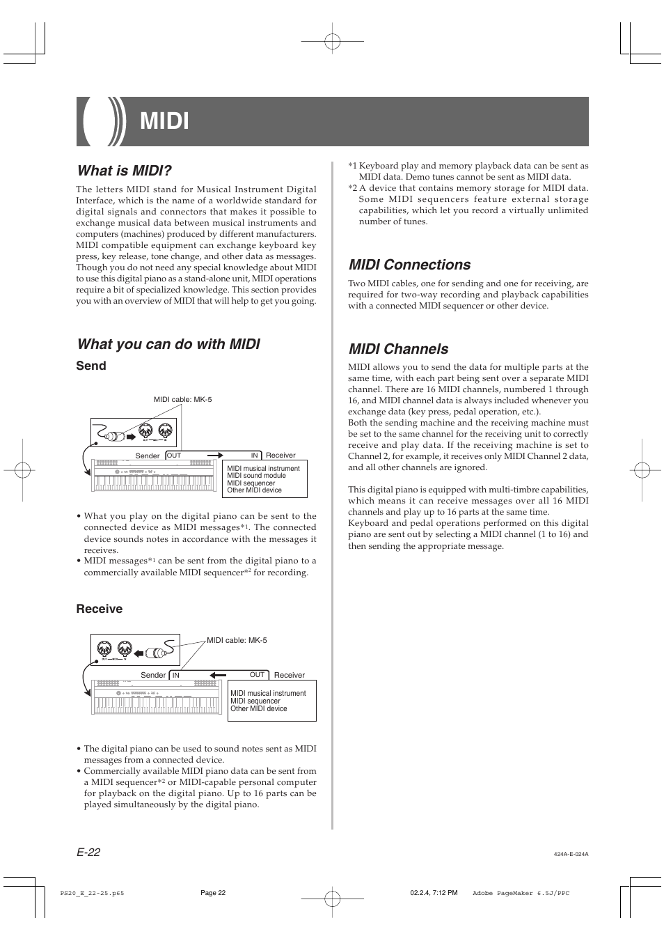 Midi, What is midi, What you can do with midi | Midi connections, Midi channels, Send, Receive, E-22 | Casio PS-20 User Manual | Page 24 / 40