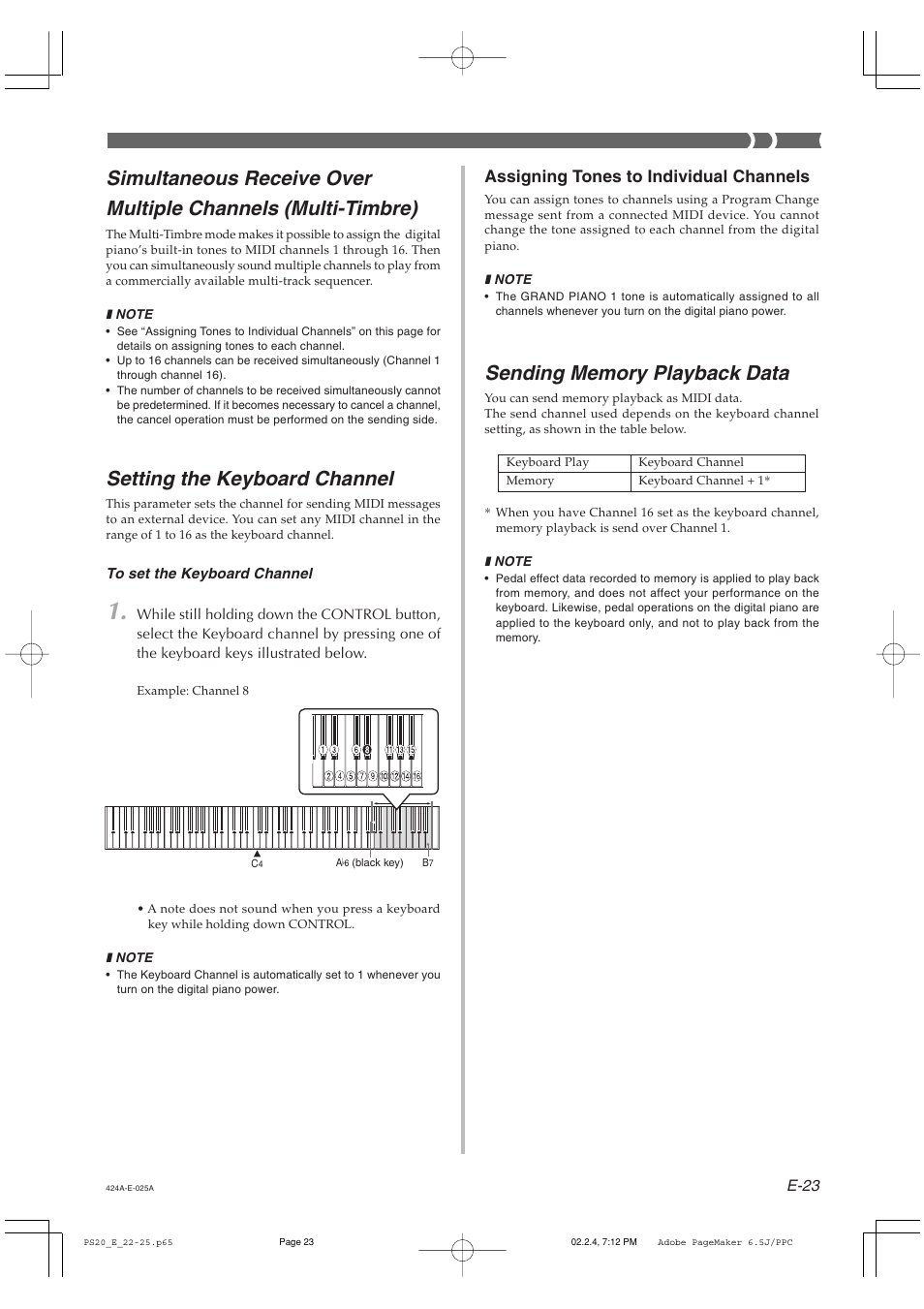 Setting the keyboard channel, Assigning tones to individual channels | Casio PS-20 User Manual | Page 25 / 40