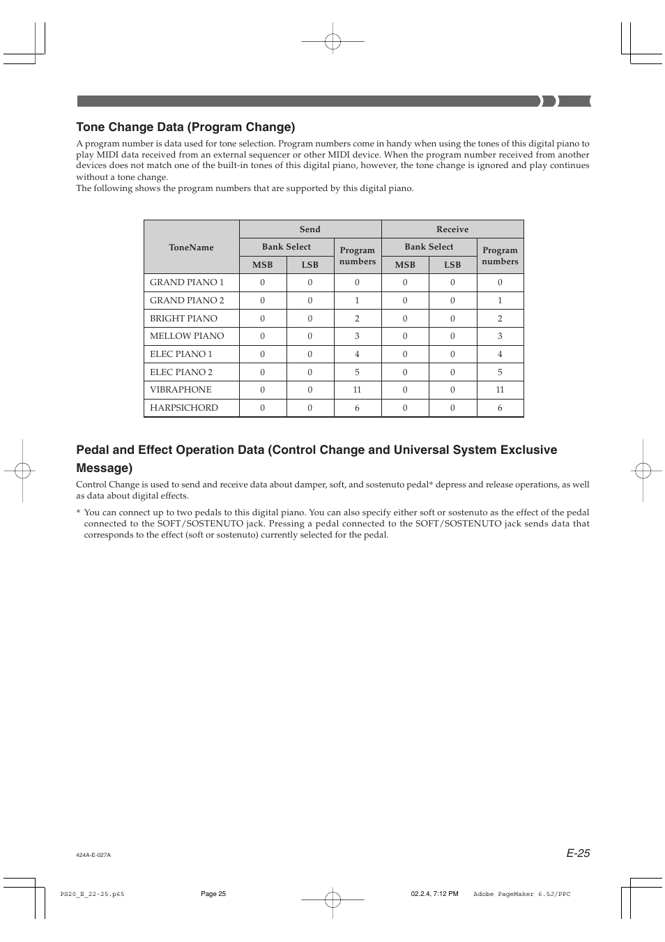 Tone change data (program change), E-25 | Casio PS-20 User Manual | Page 27 / 40