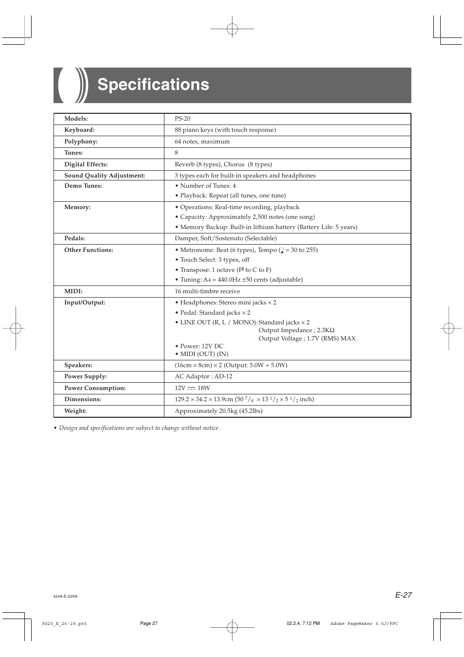 Specifications, E-27 | Casio PS-20 User Manual | Page 29 / 40